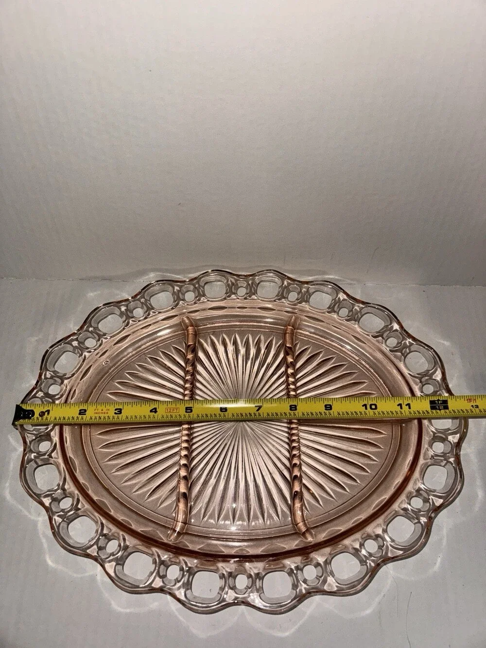 Vintage Pink Depression Glass Oval Relish Tray Lace Edge Divided Platter